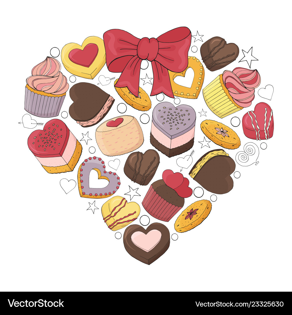Romantic heart is made of different desserts Romantic heart is made of different desserts Vector Image