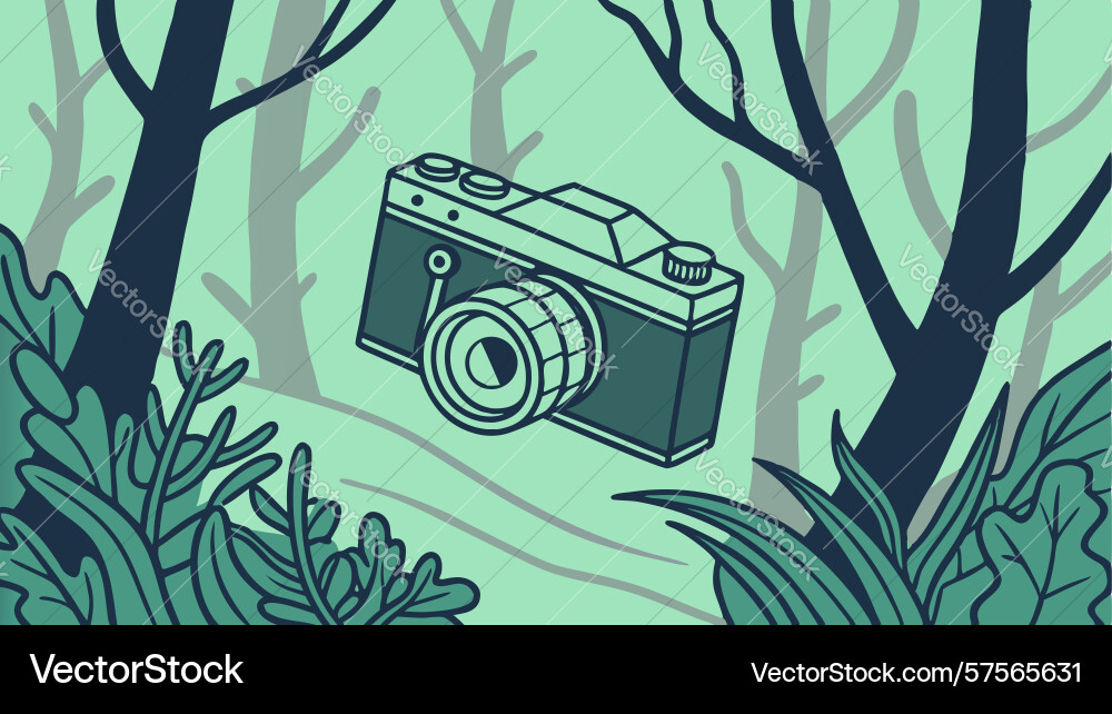 Retro camera floating in a dynamic forest design vector image