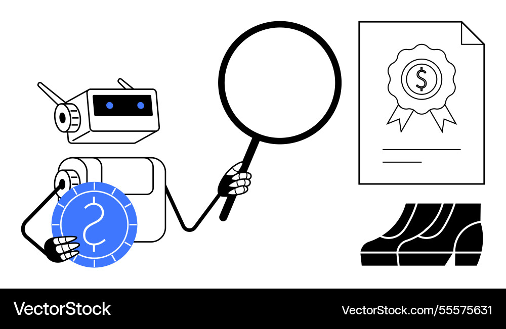 Robot analyzing financial document with magnifying Robot analyzing financial document with magnifying vector image