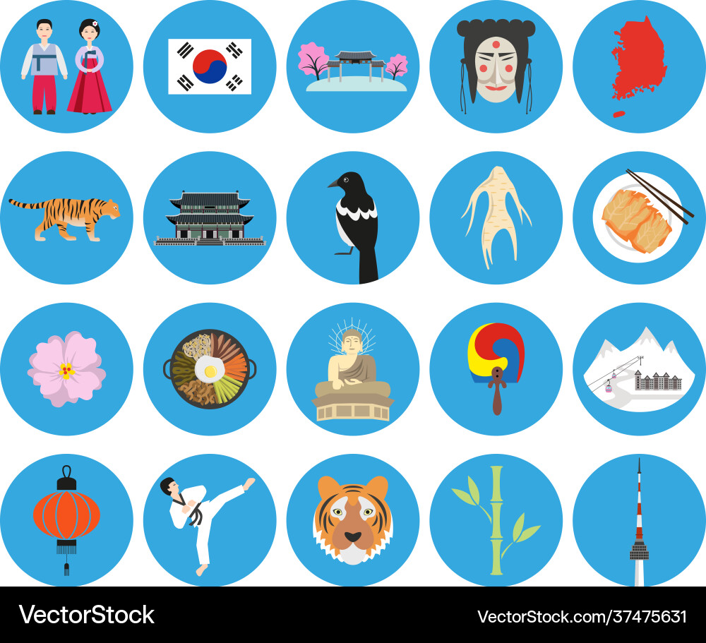 Set korean national symbols on blue Set korean national symbols on blue vector image