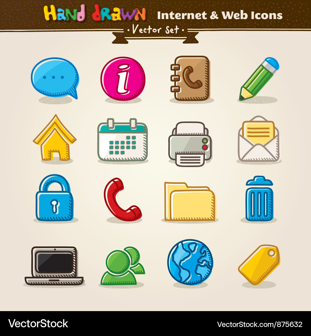 Hand draw internet and web icon set vector image