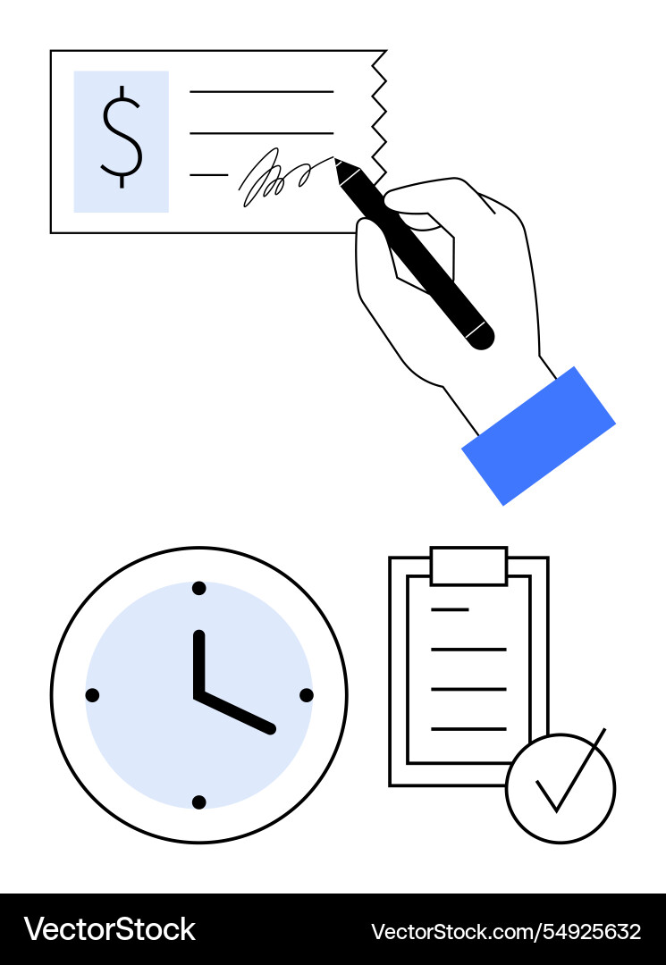 Hand signing a check with clock and checklist Hand signing a check with clock and checklist vector image