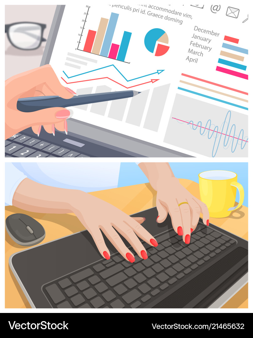 Male hand examine graphic and female type keyboard Vector Image