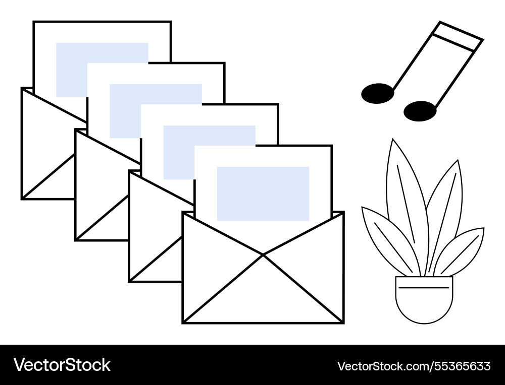 Multiple envelopes with letters and a musical note Vector Image