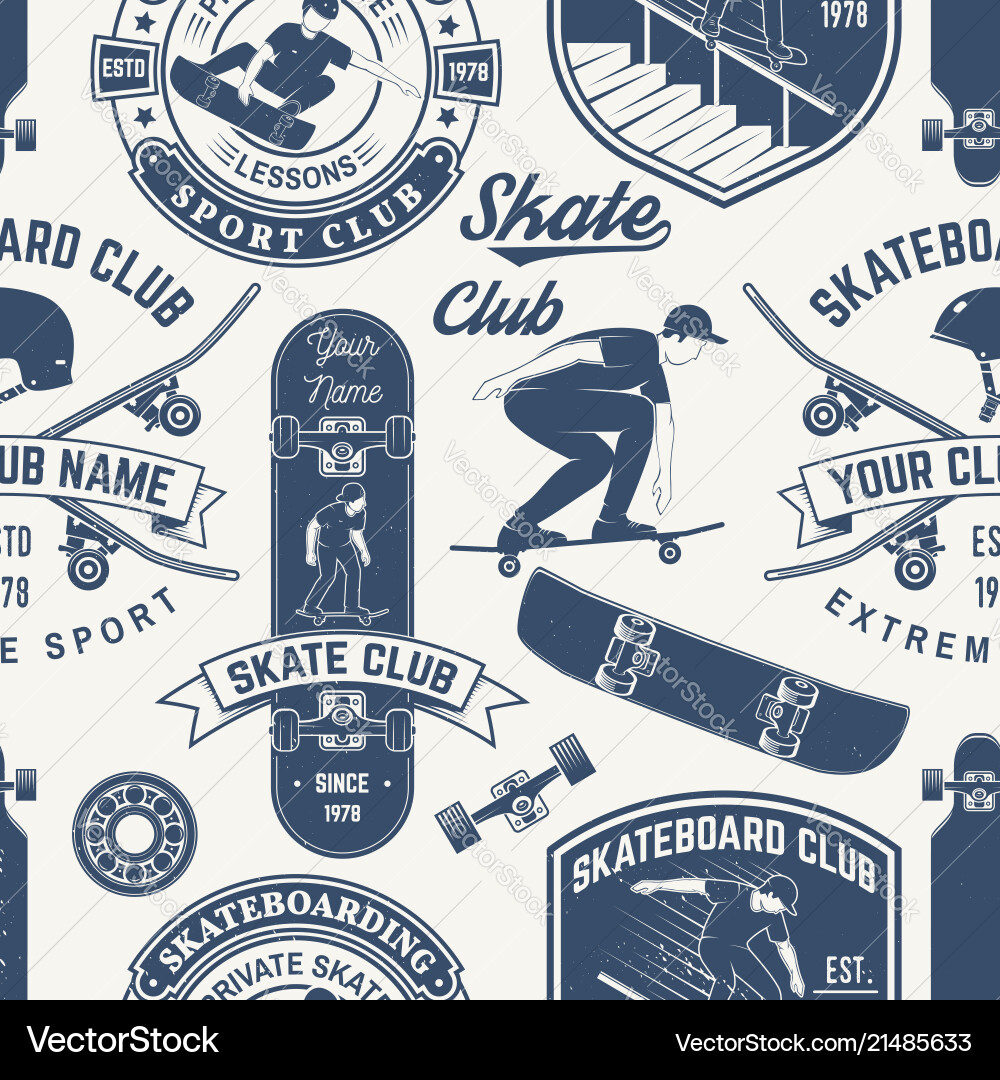Skateboard and longboard club seamless pattern Skateboard and longboard club seamless pattern vector image