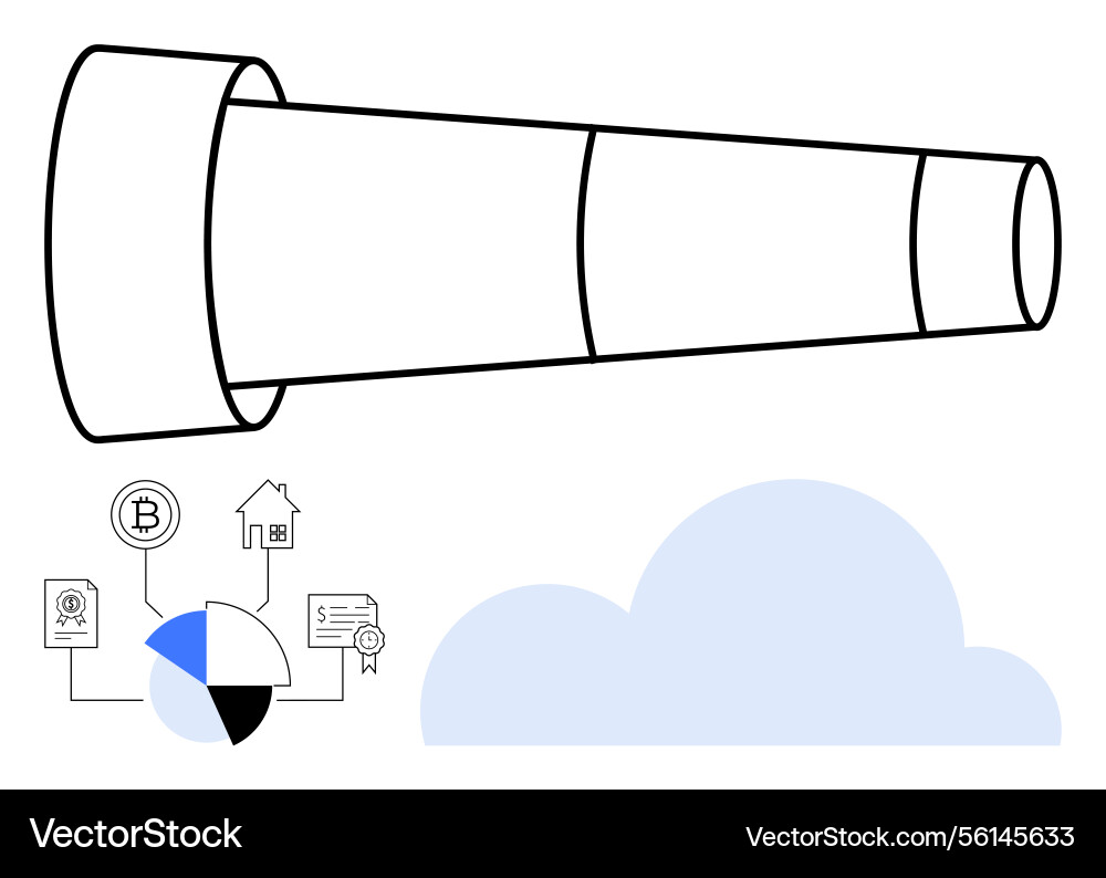 Telescope over cloud with cryptocurrency and data Vector Image