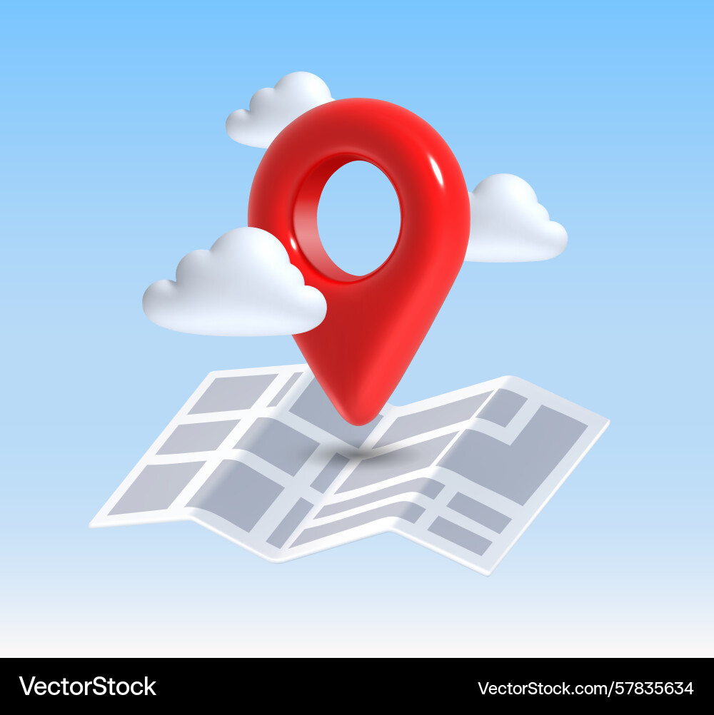 3d location red pin with map and clouds in blue 3d location red pin with map and clouds in blue vector image