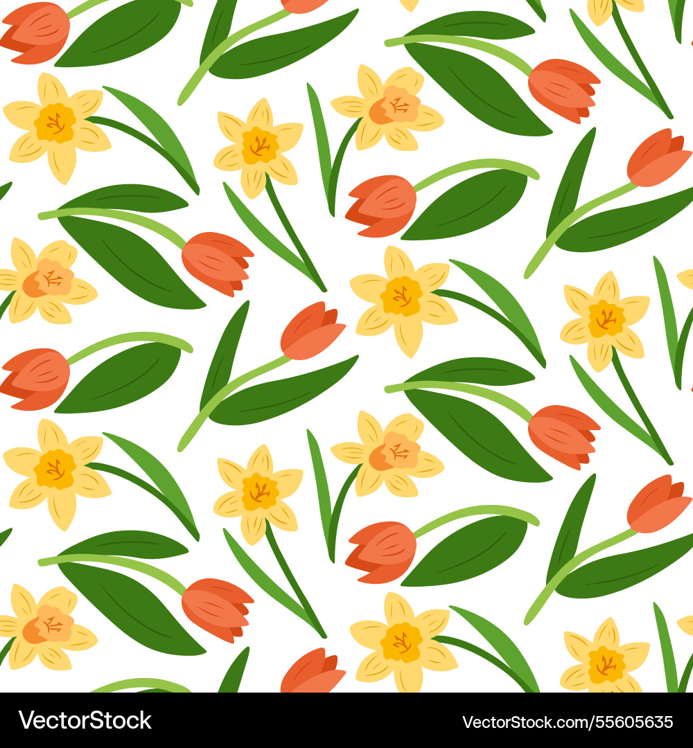 Spring floral pattern with daffodils and tulips Spring floral pattern with daffodils and tulips vector image