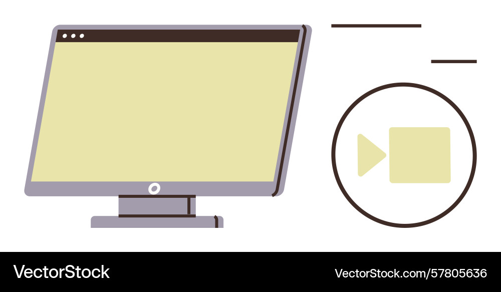 Desktop monitor with video play button and minimal Desktop monitor with video play button and minimal vector image