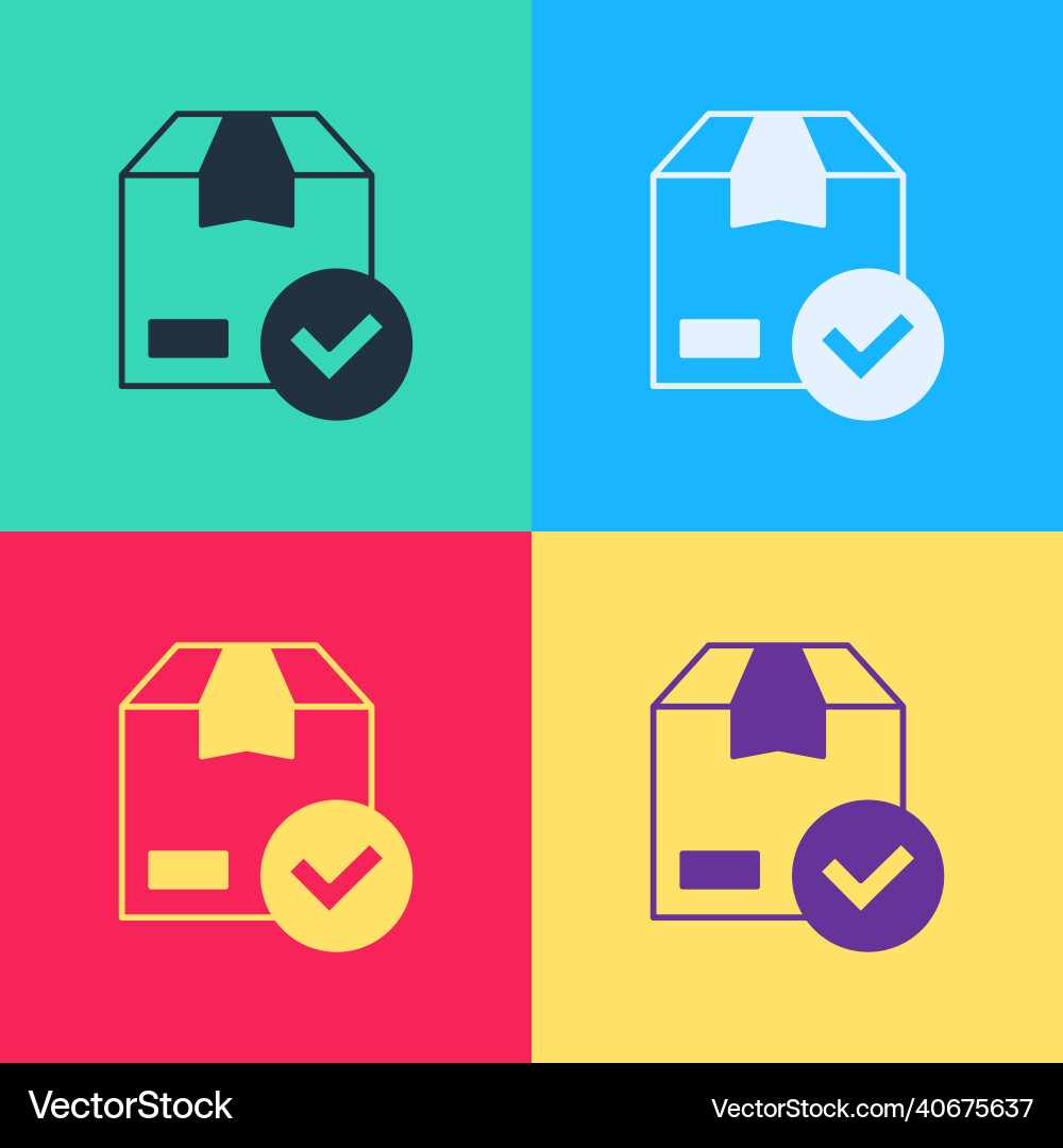Pop art package box with check mark icon isolated Pop art package box with check mark icon isolated Vector Image