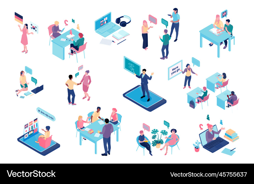 Sprachschule isometric color set Sprachschule isometric color set vektorbild