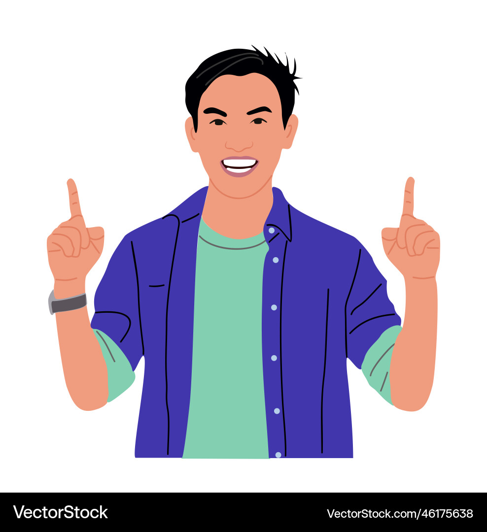 Smiling boy pointing up with fingers Vector Image