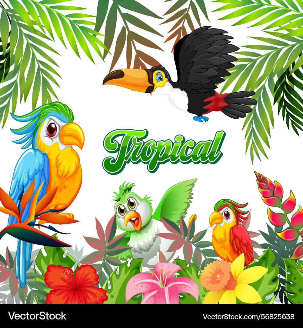 Vibrant birds among lush tropical flowers Vibrant birds among lush tropical flowers Vector Image