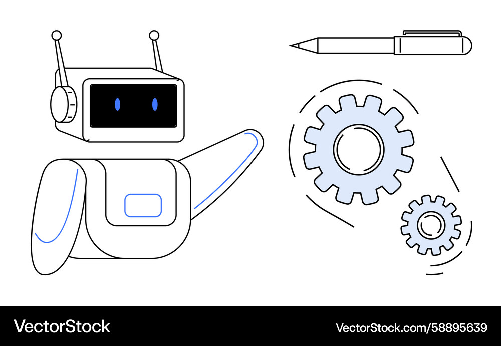 Robot with gears and pen symbolizing automation Robot with gears and pen symbolizing automation Vector Image