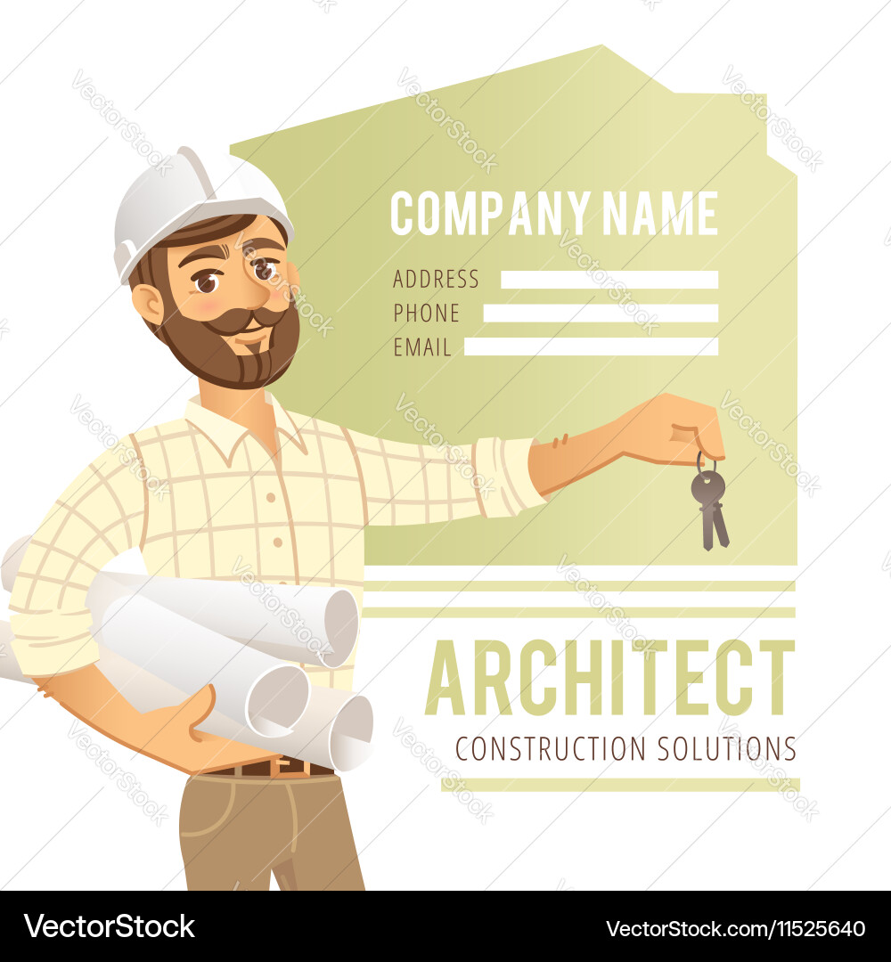 Architect in helmet with blueprints and keys Vector Image