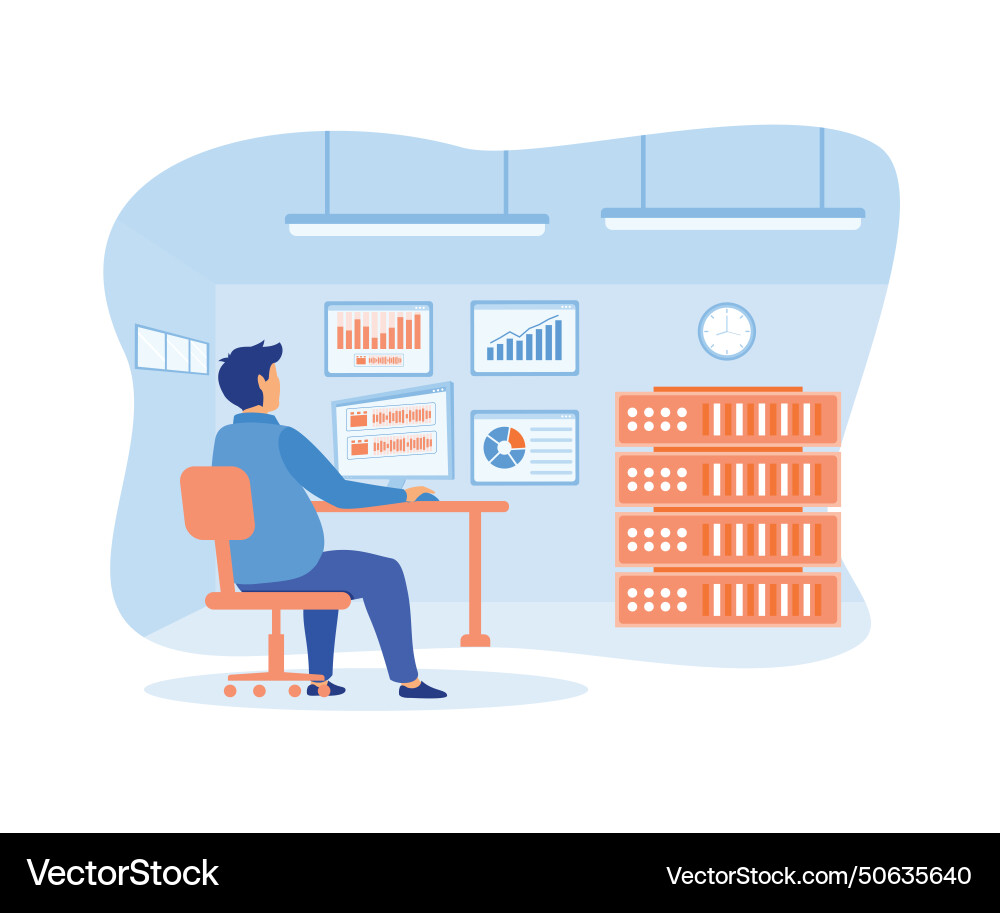Man working in data center room hosting server Man working in data center room hosting server Vector Image
