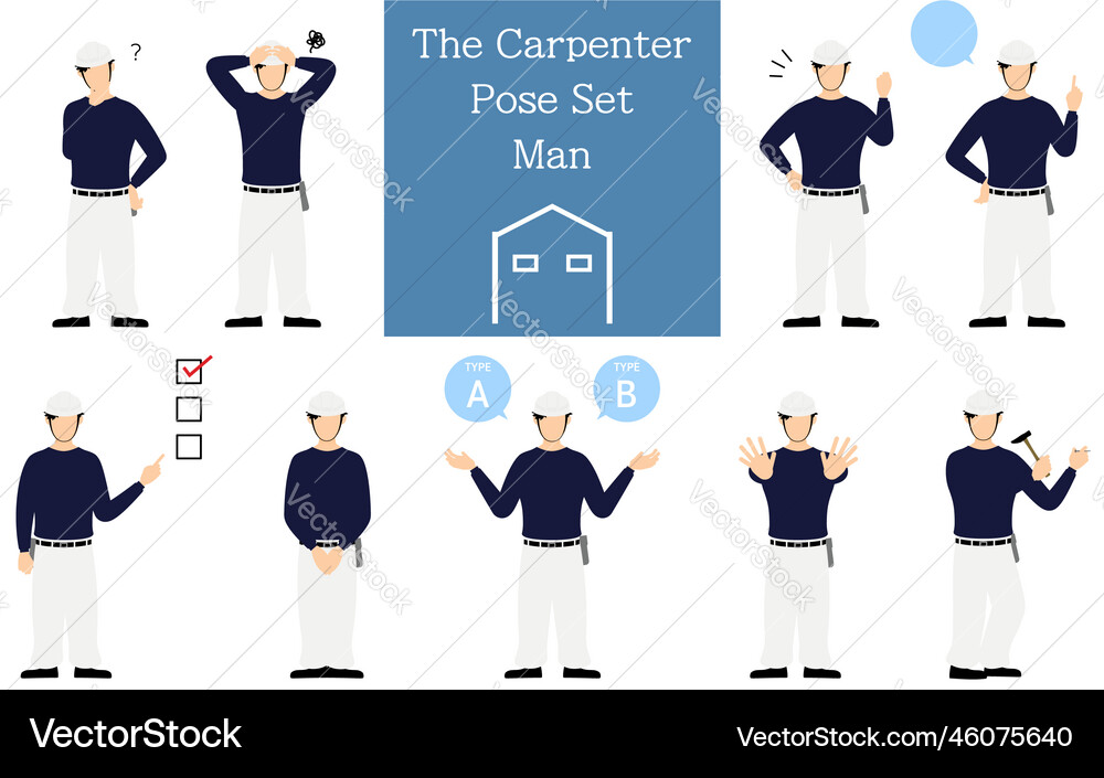 Pose set for man carpenter questioning worrying Pose set for man carpenter questioning worrying Vector Image