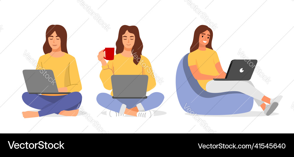 Woman using laptop freelancer female is working Woman using laptop freelancer female is working vector image