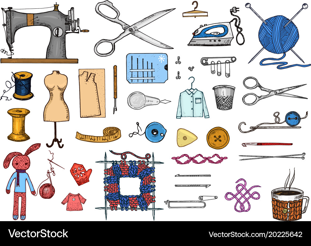 Set sewing tools and materials or elements Vector Image