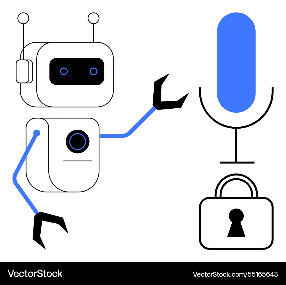 Robot with microphone and lock symbolizing ai Robot with microphone and lock symbolizing ai vector image