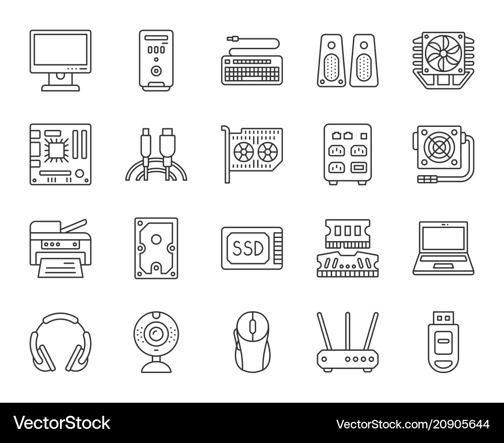 Computer simple black line icons set Vector Image