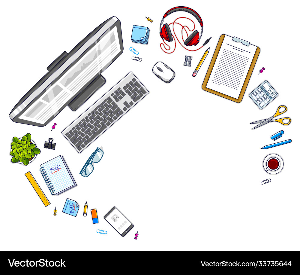 Work desk workspace top view with pc computer Work desk workspace top view with pc computer Vector Image