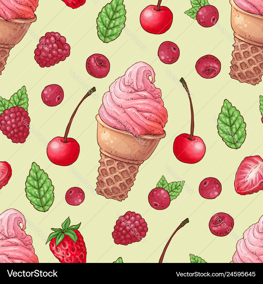 Ice Cream Raspberry Cherry Pattern vector image