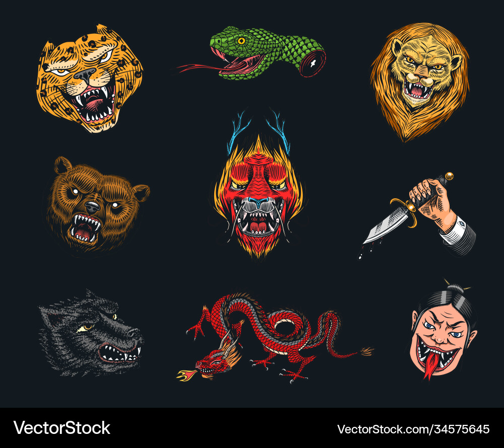 Set fashion patches tattoo artwork bear Set fashion patches tattoo artwork bear vector image