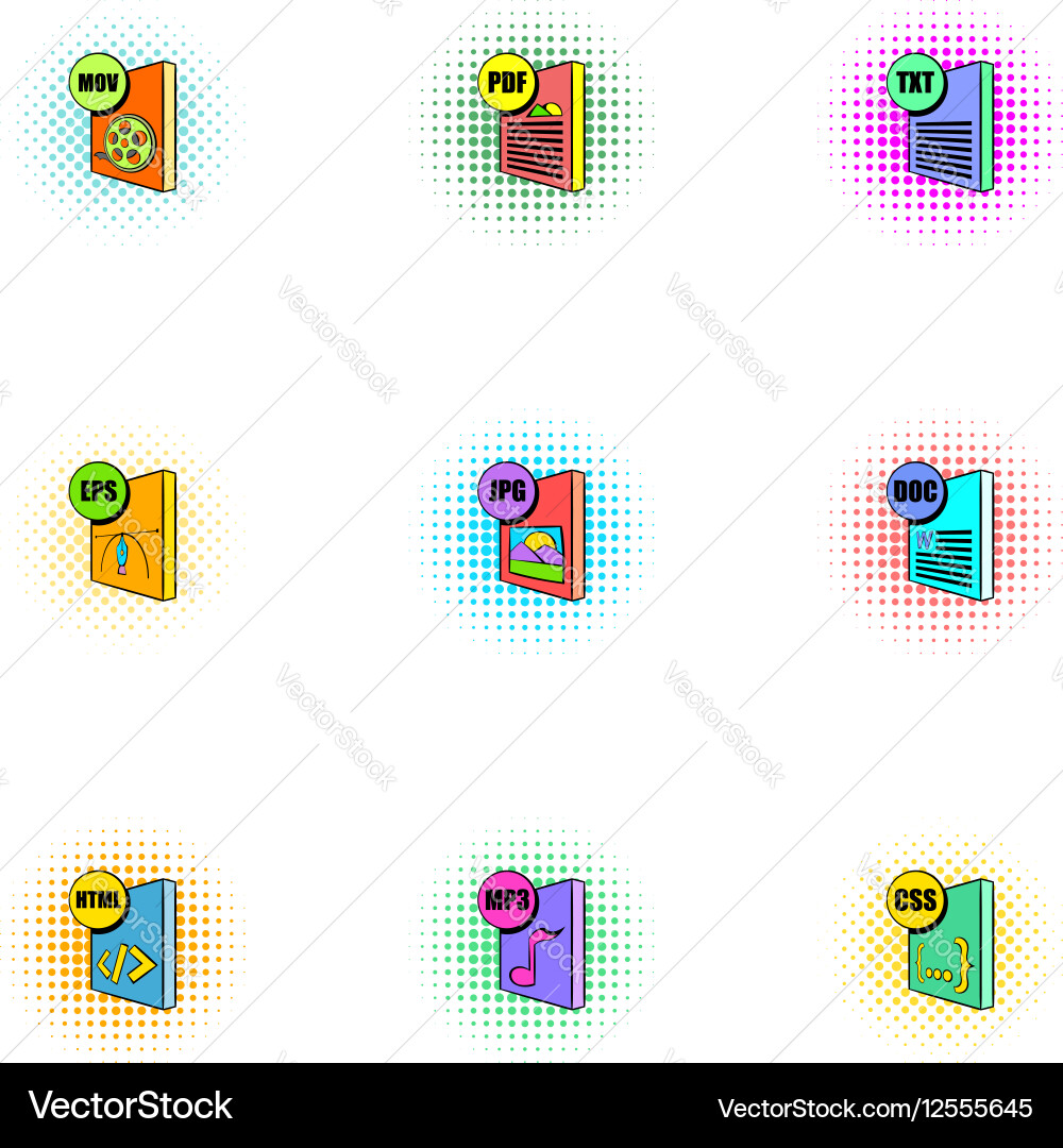 Types of files icons set pop-art style vector image