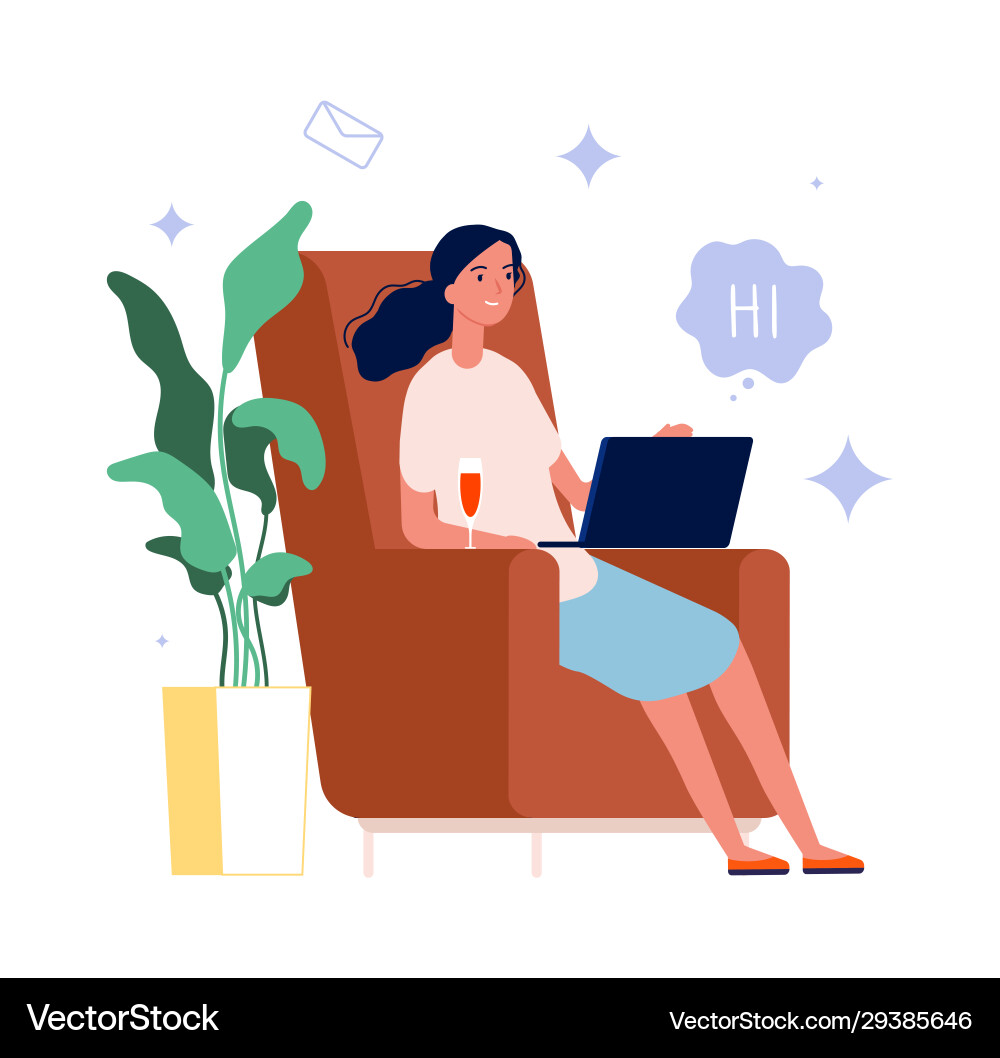 Online-Chat Frau mit Weinglas und Laptop Online-Chat Frau mit Weinglas und Laptop vektorbild