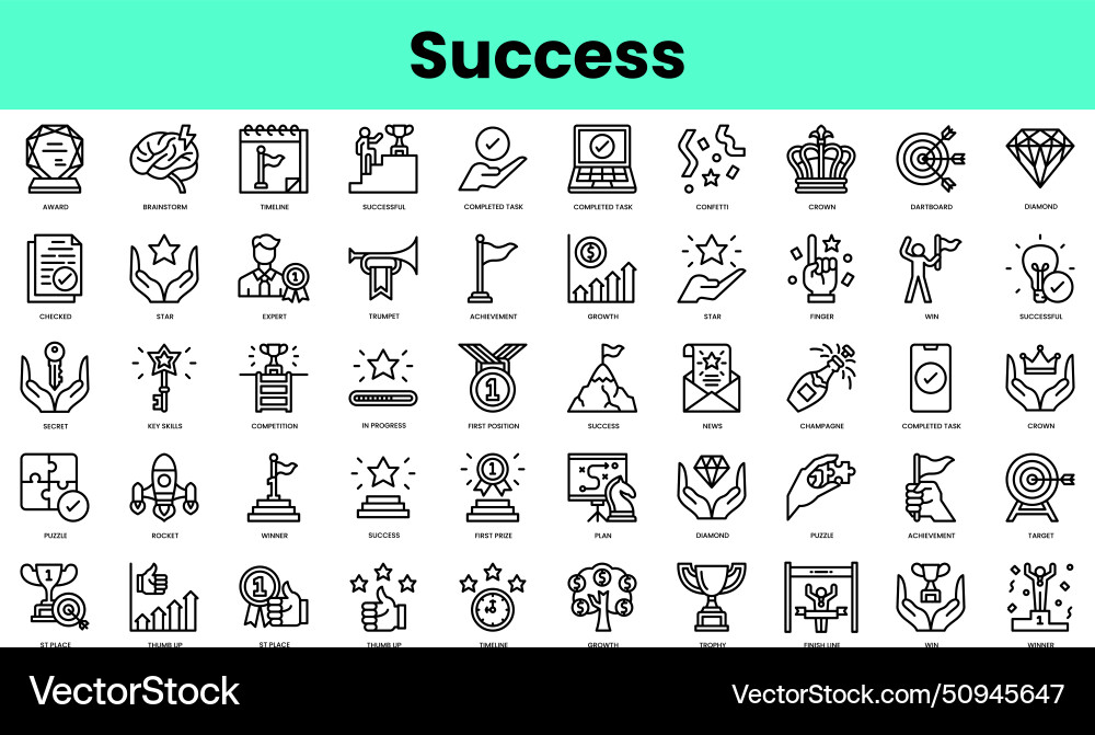 Set of success icons linear style icon bundle Set of success icons linear style icon bundle vector image