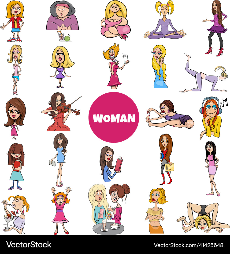 Cartoon women and girls characters big set Cartoon women and girls characters big set Vector Image