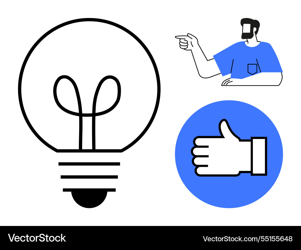 Man pointing with thumbs up and lightbulb idea Man pointing with thumbs up and lightbulb idea Vector Image