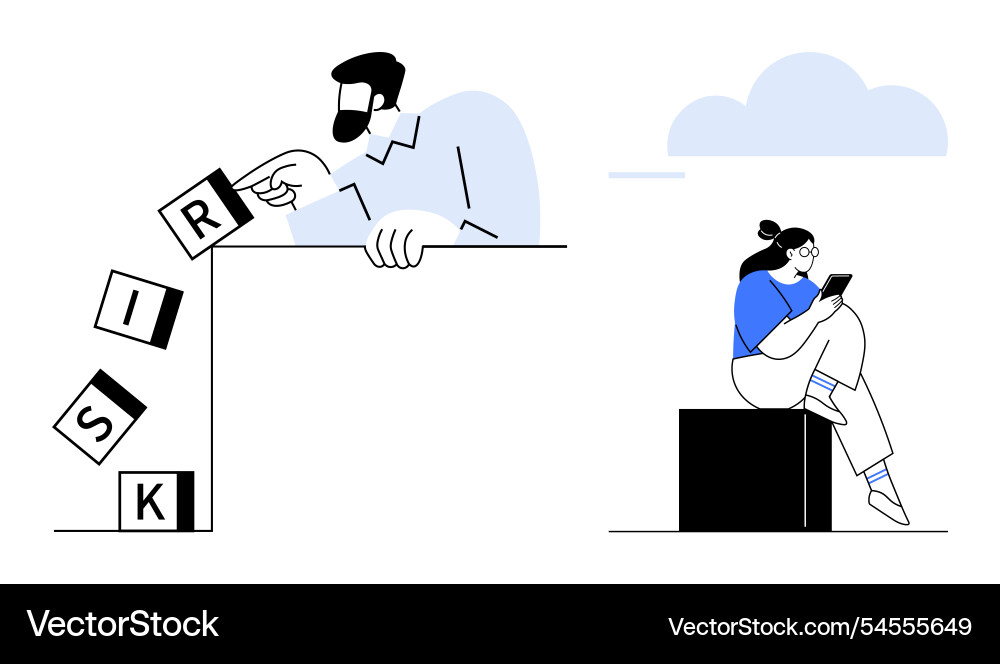 Man pushing block letters causing them to fall Man pushing block letters causing them to fall vector image