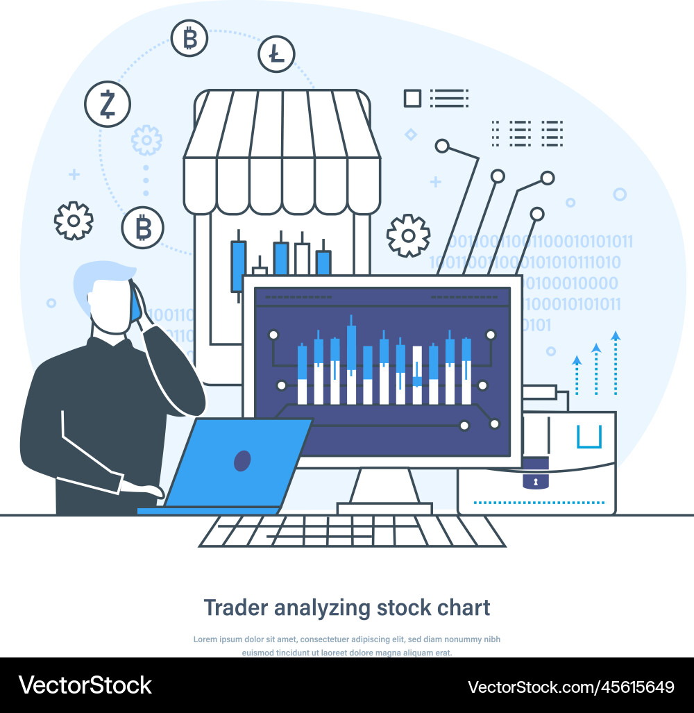 Trader analyzing stock chart and market data Trader analyzing stock chart and market data Vector Image