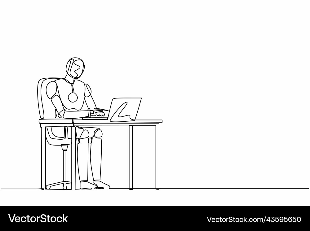 Continuous one line drawing robot working typing Vector Image