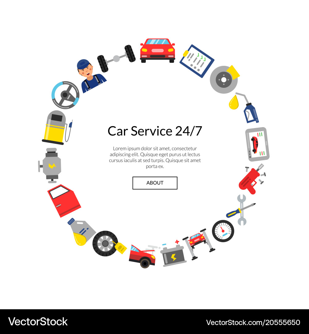 Flat style car service elements in circle Vector Image