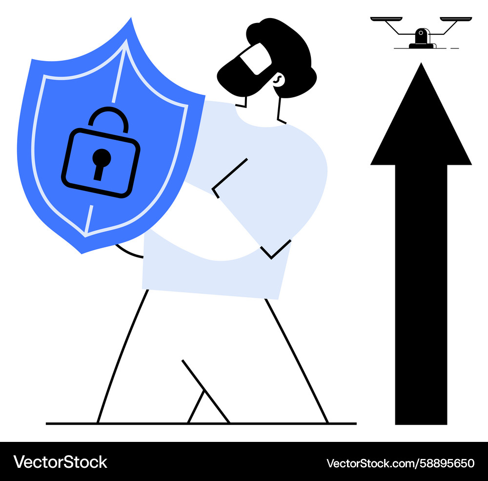 Man holding shield with padlock and arrow Man holding shield with padlock and arrow Vector Image