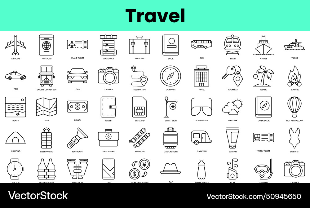 Set of travel icons linear style icon bundle Set of travel icons linear style icon bundle vector image
