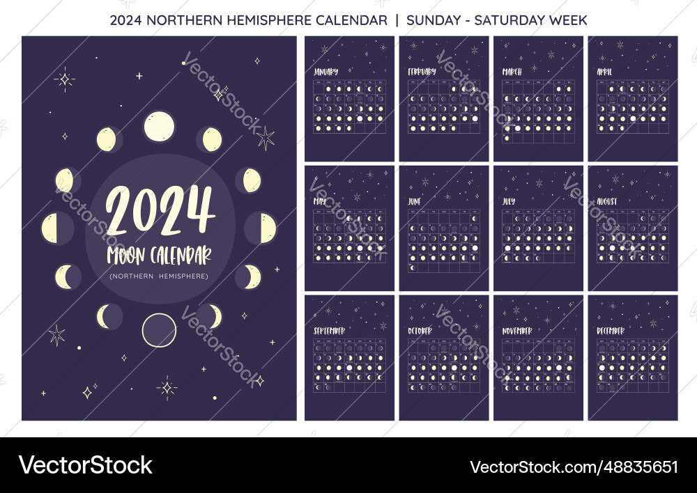 2024 moon calendar northern hemisphere sun-sat 2024 moon calendar northern hemisphere sun-sat vector image