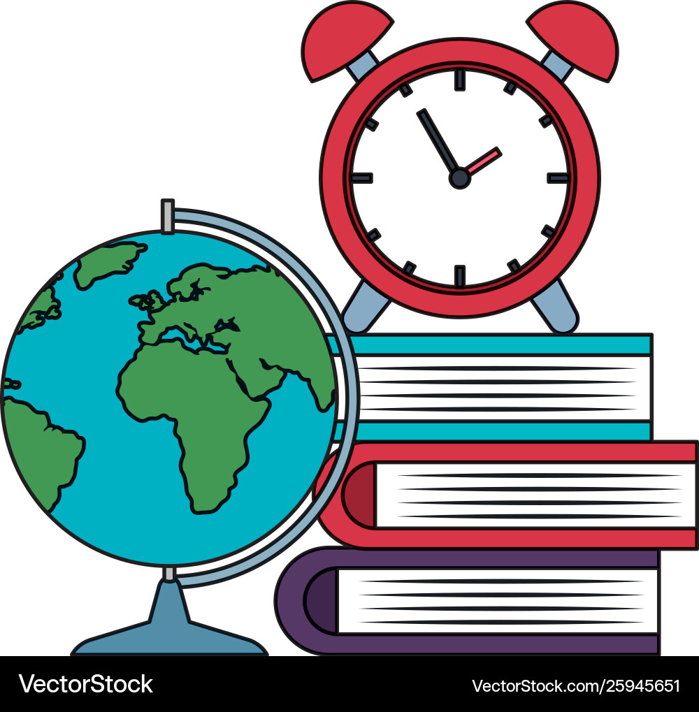 Pile textbooks with alarm clock and earth map Vector Image