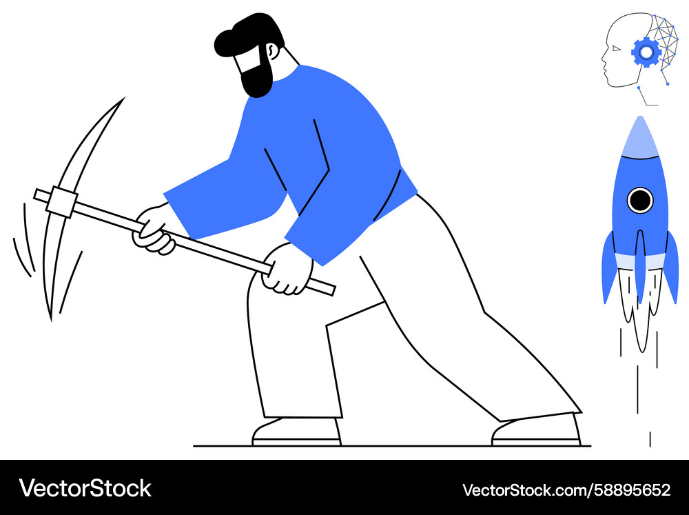 Man mining with pickaxe highlighting innovation Vector Image