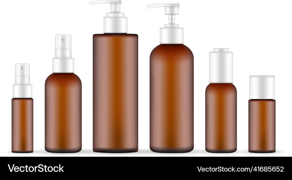 Plastic amber cosmetic bottles set pump spray Plastic amber cosmetic bottles set pump spray vector image