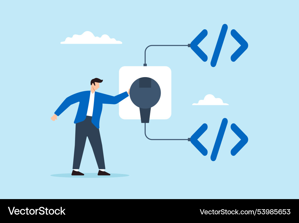 Flat of programmer connects socket between coding Flat of programmer connects socket between coding vector image