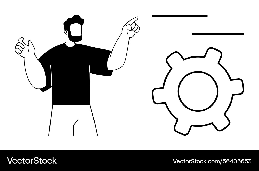 Man pointing at settings gear representing process Man pointing at settings gear representing process vector image