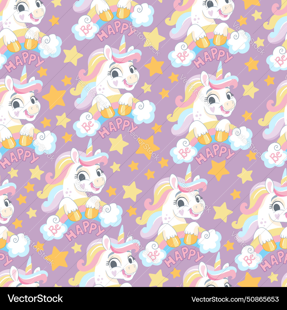 Seamless pattern with cute unicorns and rainbow Vector Image