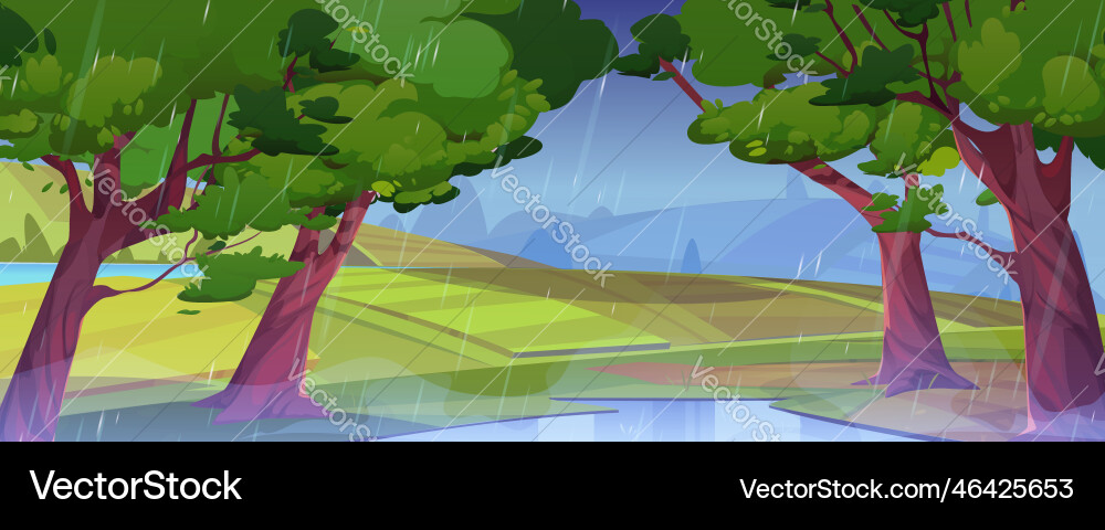 Summer rainy landscape with farm fields forest Summer rainy landscape with farm fields forest vector image