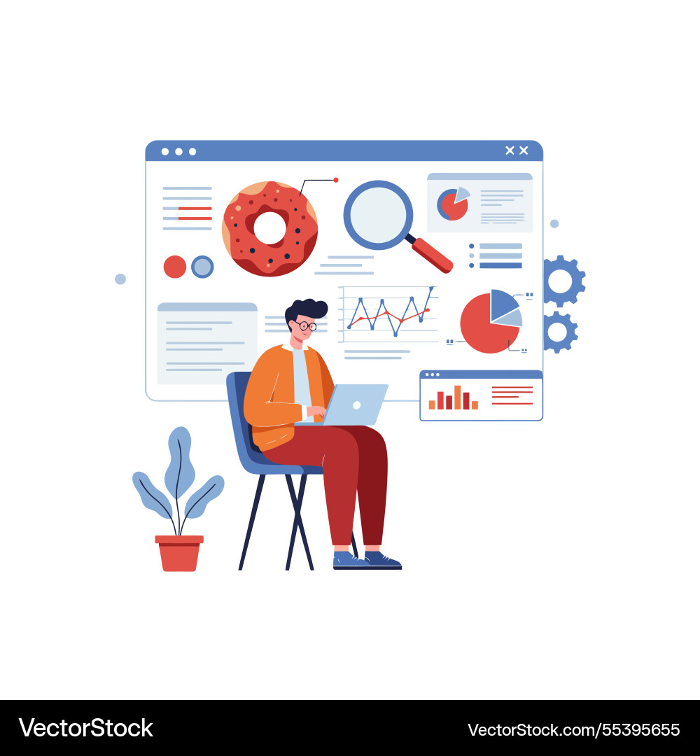 Analyzing data with laptop donut chart and search Analyzing data with laptop donut chart and search Vector Image