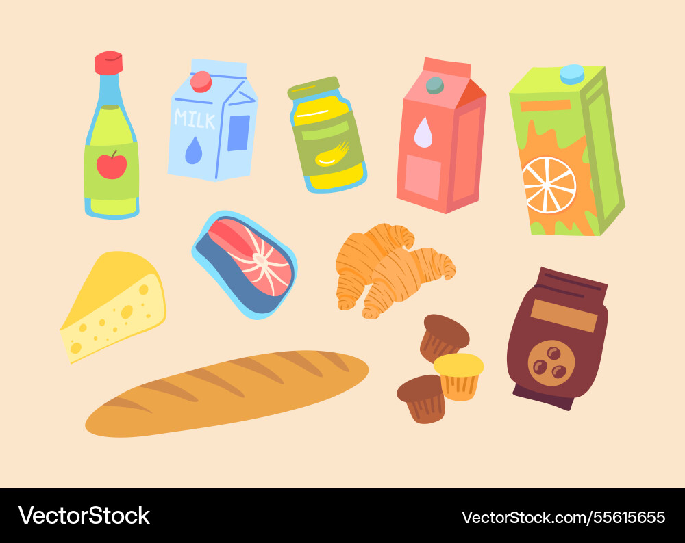 Cartoon color various grocery stuffs set Cartoon color various grocery stuffs set vector image