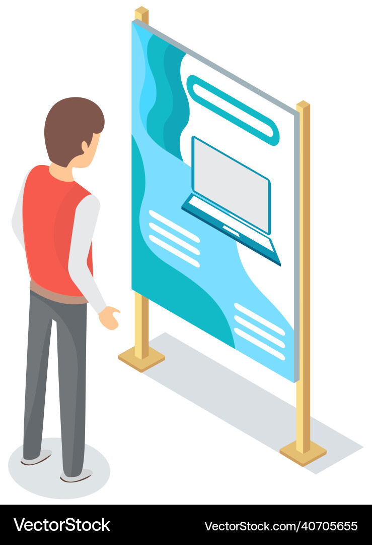 Man looking at presentation poster of new computer Man looking at presentation poster of new computer Vector Image